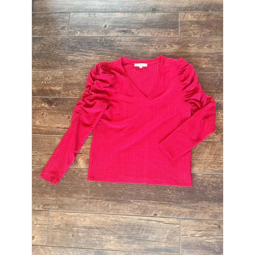 LOFT Red Textured V-Neck Top Ruched Puff Sleeve Blouse